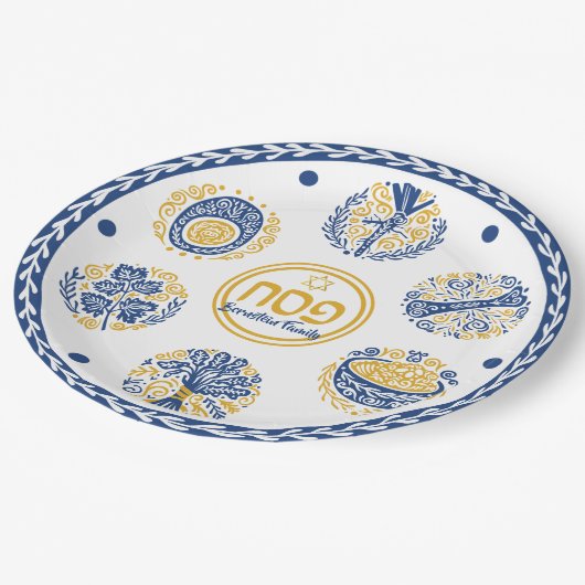Golden und Blue Jewish Holiday - Hebrew Pessach Pappteller (Schrägansicht)