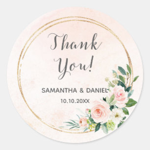Golden und Blush Pink Floral Watercolor Vielen Dan Runder Aufkleber