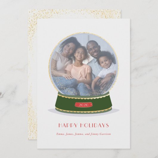 Golden und Green Glimmer Snow Globe Holiday Card Ankündigung (Vorne/Hinten)