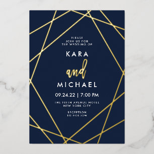 Golden und Midnight Blue Elegant Geometric Wedding Folieneinladung