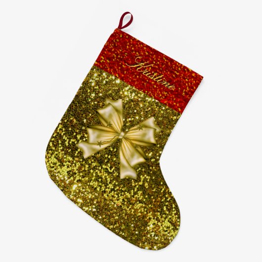 Golden und Red Glitzer mit Bow Großer Weihnachtsstrumpf (Vorderansicht (hängend))
