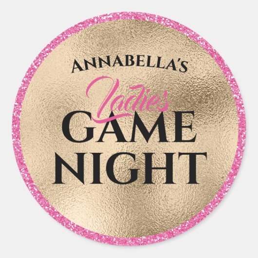 Golden und Rosa Glitzer Ladys Game Night Runder Aufkleber (Vorderseite)