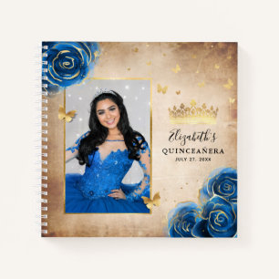 Golden und Royal Blue Rose Foto Quinceanera Guest Notizblock