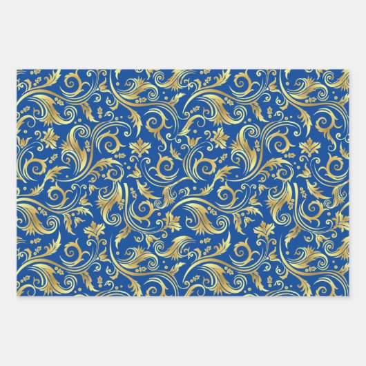 Golden und Royal Blue Scroll Geschenkpapier Set (Vorderseite)