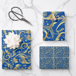 Golden und Royal Blue Scroll Geschenkpapier Set