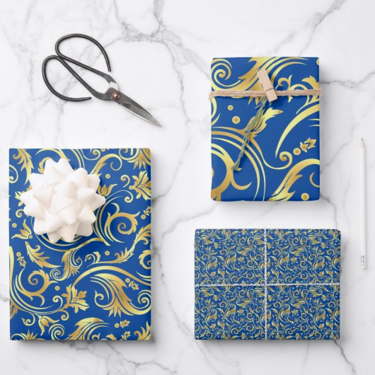 Golden und Royal Blue Scroll Geschenkpapier Set (Vorderseite)