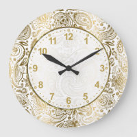 Golden und White Floral Paisley Große Uhr