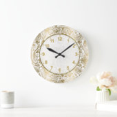 Golden und White Floral Paisley Große Uhr (Zuhause)