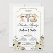 Golden und White Floral Twin Boy Girl Bautizo Einladung (Vorderseite)