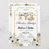 Golden und White Floral Twin Boy Girl Bautizo Einladung (Vorne/Hinten)