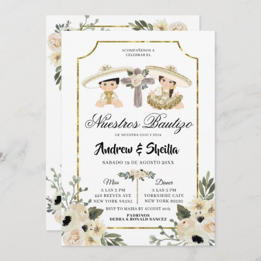 Golden und White Floral Twin Boy Girl Bautizo Einladung (Vorne/Hinten)