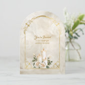 Golden und White Roses Arch Rahmen Candlelight Einladung (Stehend Vorderseite)