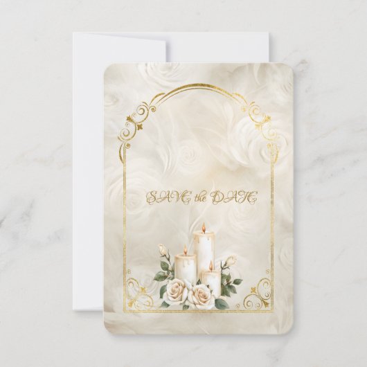 Golden und White Roses Arch Rahmen Candlelight Save The Date (Vorderseite)