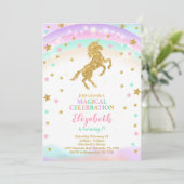 Golden Unicorn Einladung mit Glitzer Stars (Stehend Vorderseite)