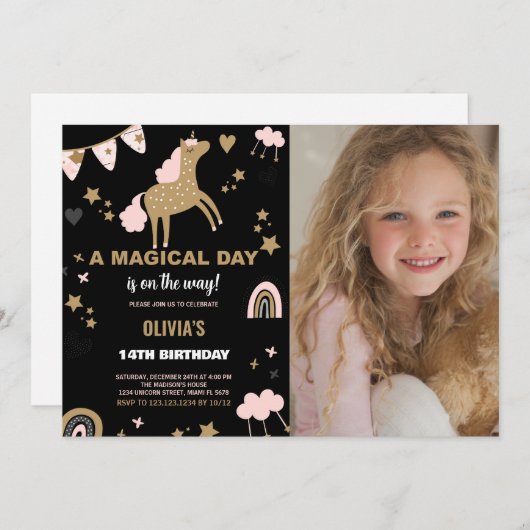 Golden Unicorn Einladung zum Foto (Vorne/Hinten)