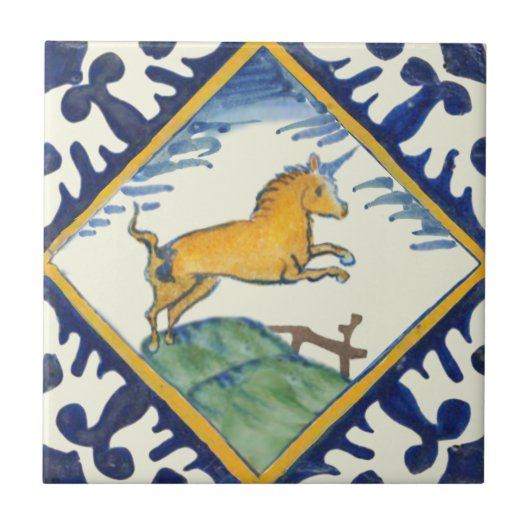 Golden Unicorn Hand Painted Early Delft Repro Fliese (Vorderseite)