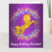 Golden Unicorn Regenbogen Glitzern am Lila Geburts Karte (Vorderseite)