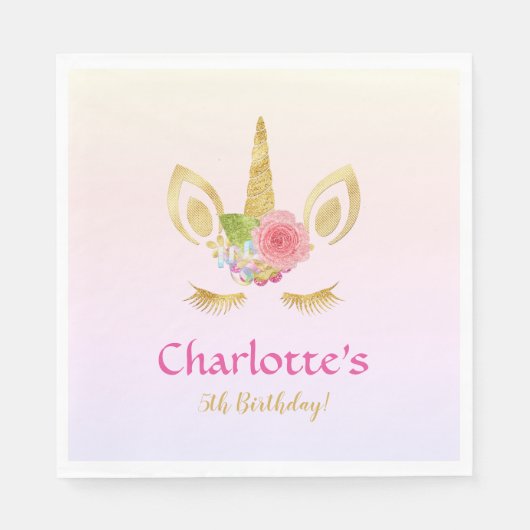 Golden Unicorn Rosa Regenbogen Personalisiert Gebu Serviette (Vorderseite)