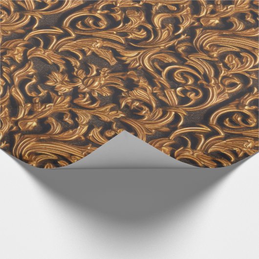 Golden Verziert BarockDamast auf dunklem Leder Geschenkpapier (Ecke)