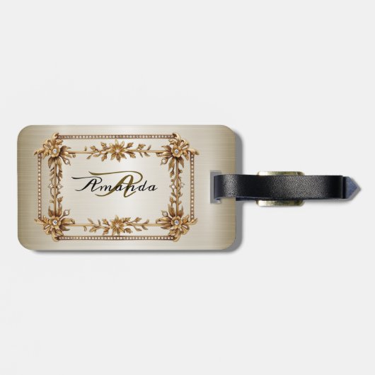 Golden Verziert Rectangle Dimond Blume Shiny Gepäckanhänger (Rückseite horizontal)