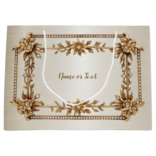 Golden Verziert Rectangle Dimond Blume Shiny Große Geschenktüte (Vorderseite)