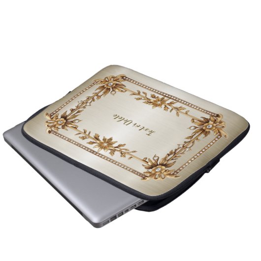 Golden Verziert Rectangle Dimond Blume Shiny Laptopschutzhülle (Vorne Knopf)