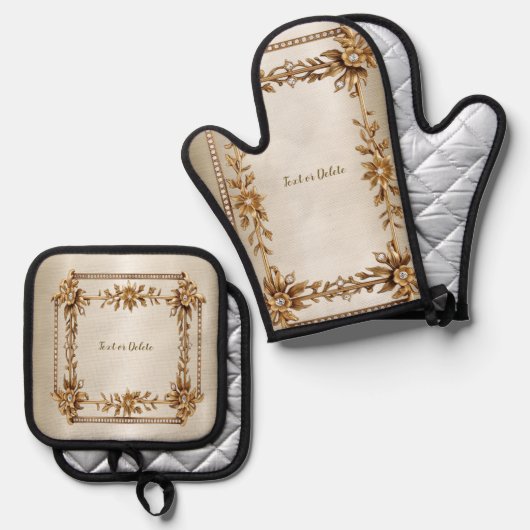 Golden Verziert Rectangle Dimond Blume Shiny Ofenhandschuh & Topflappen-Set (Vorderseite/Rückseite)
