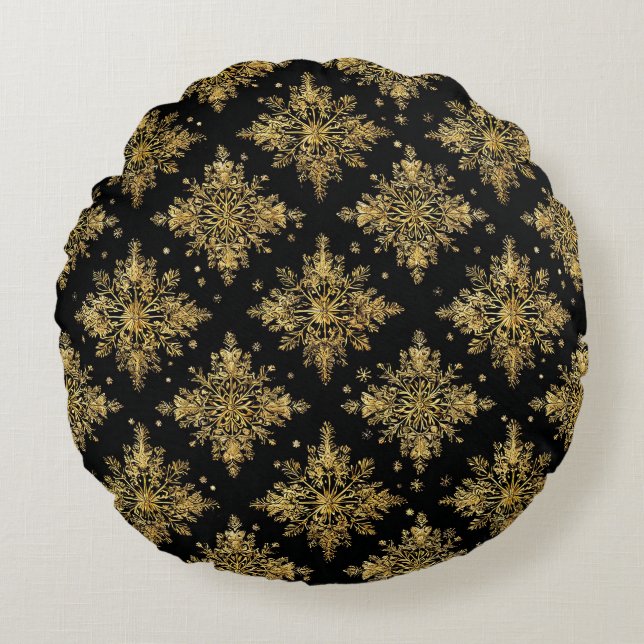 Golden Verziert Snowflake Pattern Rundes Kissen (Vorderseite)