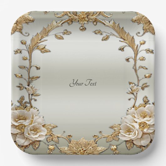 Golden Verziert White Blume Paper Plate Pappteller (Vorderseite)