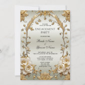 Golden Verziert White Blume Verlobung Einladung (Vorderseite)