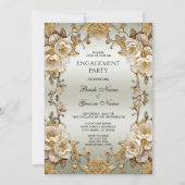 Golden Verziert White Blume Verlobung Einladung (Vorderseite)