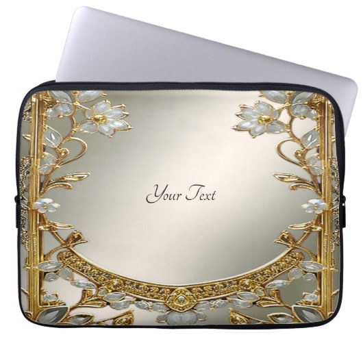 Golden Verziert White Floral Laptop Sleeve (Vorderseite)