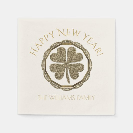 Golden Vierblättriges Kleeblatt Happy New Year Vie Serviette (Vorderseite)