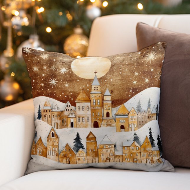 Golden Vintag Snow Covered Village Kissen (Elegant gold and white snow-covered village Christmas pillow)