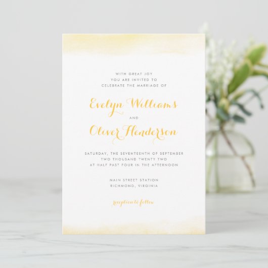 Golden Watercolor Dip Wedding Einladung (Stehend Vorderseite)