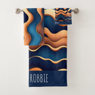 Golden Wave Blue Watercolor Abstraktes Muster Badhandtuch Set