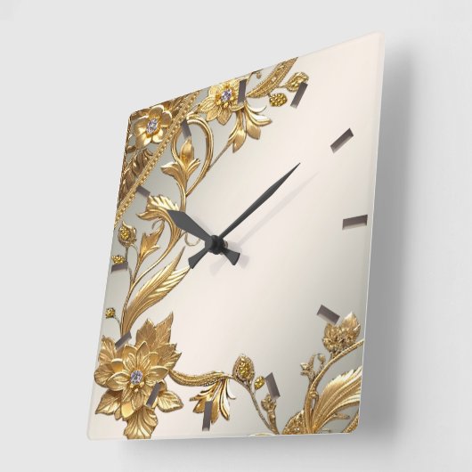 Golden Wavy Blätter Blumenwall-Uhr Quadratische Wanduhr (Winkel)