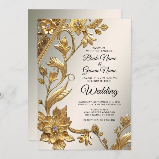 Golden Wavy Blätter Einladung zur Hochzeit von Flo (Vorne/Hinten)