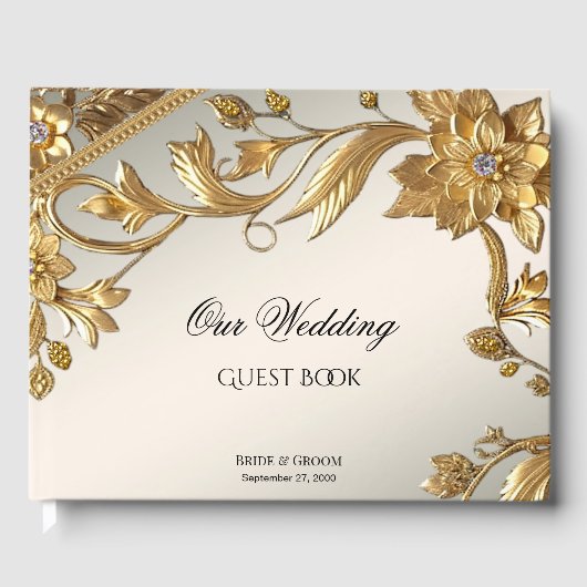 Golden Wavy Blätter Floral Guest Book Gästebuch (Vorderseite)