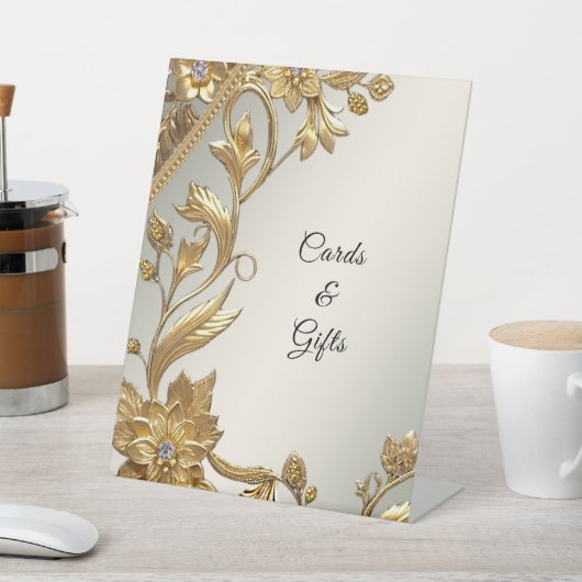 Golden Wavy Blätter Floral Tabletop Zeichen Sockelschild (In SItu)