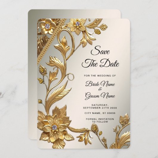 Golden Wavy Blätter Save the Date floral (Vorne/Hinten)