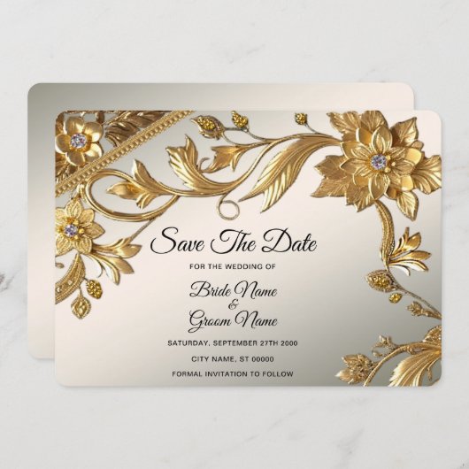 Golden Wavy Blätter Save the Date floral (Vorne/Hinten)