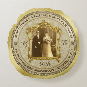 Golden Wedding Anniversary Classic Foto Frame Rundes Kissen