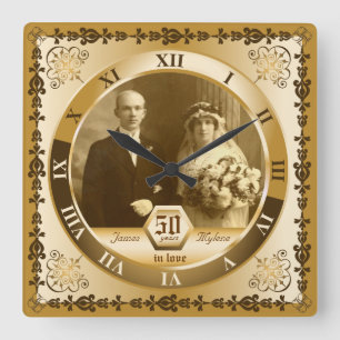 Golden Wedding Anniversary Custom Foto Verziert Quadratische Wanduhr