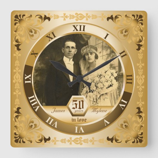 Golden Wedding Anniversary Customizable Photo Gift Quadratische Wanduhr (Vorderseite)