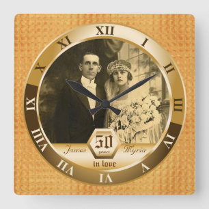 Golden Wedding Anniversary Foto Custom Amber Gold Quadratische Wanduhr