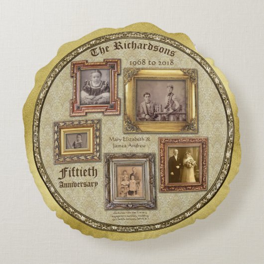 Golden Wedding Jubiläum Antique Foto Collage Rundes Kissen (Rückseite)