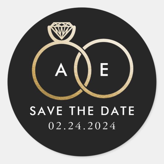 Golden Wedding Rings on Black Save the Date Runder Aufkleber (Vorderseite)