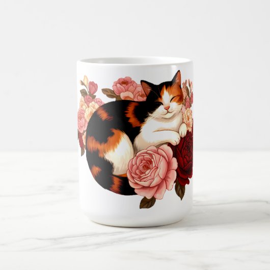 Golden Whiskers: Calico Cat in Rose Reverie Kaffeetasse (Mittel)