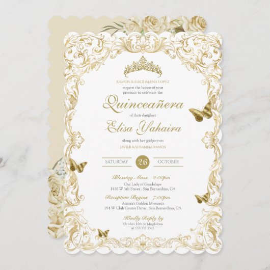 Golden White Elegante Barock Einladung (Vorne/Hinten)